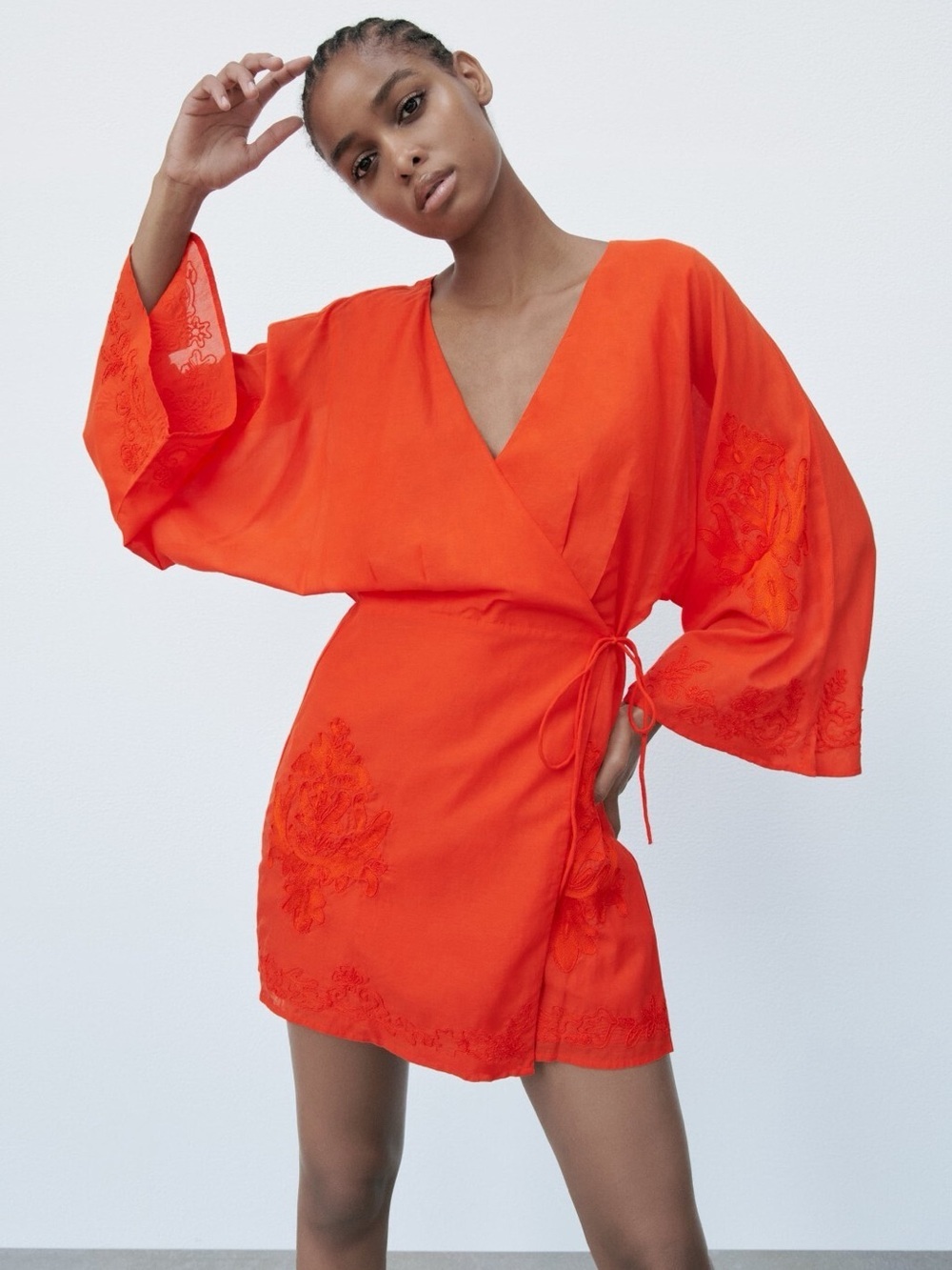 Zara Bright Orange embroidered kimono kaftan  Wrap-Style Dress small